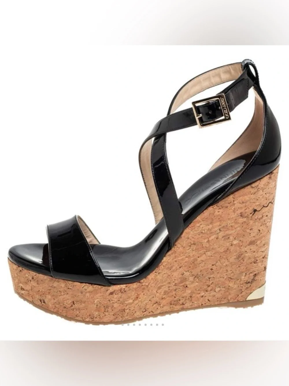 Jimmy Choo Portia Black Patent Leather Cork Wedge Sandals Size 38 NIB
